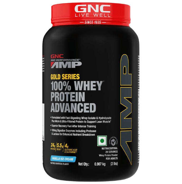 GNC Amp Gold 100% Whey Protein Advanced Powder with Digestive Enzymes | For Lean Muscles | Flavour Vanilla Icecream - Classic Derma