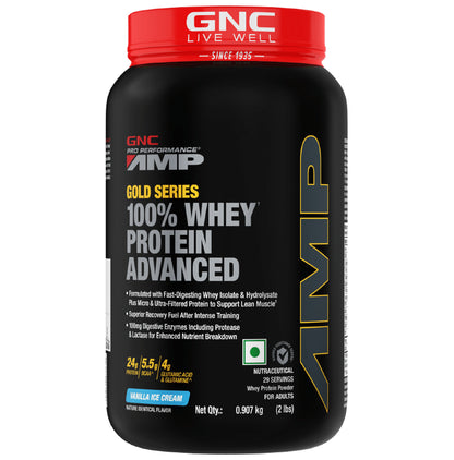 GNC Amp Gold 100% Whey Protein Advanced Powder with Digestive Enzymes | For Lean Muscles | Flavour Vanilla Icecream - Classic Derma