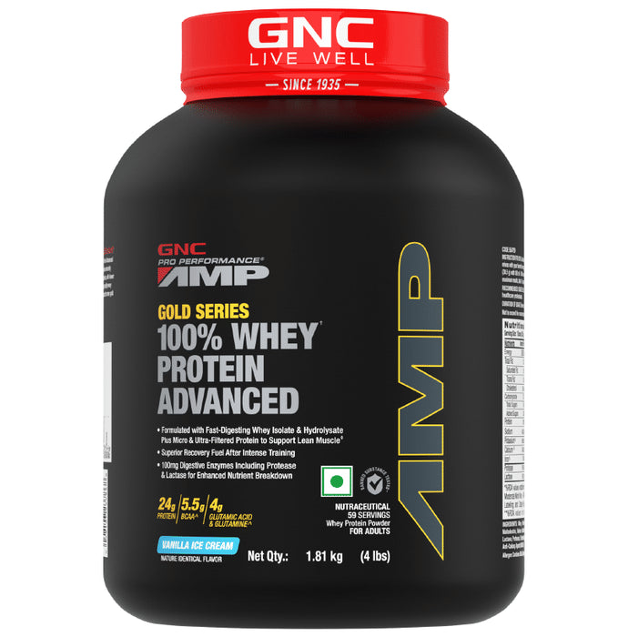 GNC Amp Gold 100% Whey Protein Advanced Powder with Digestive Enzymes | For Lean Muscles | Flavour Vanilla Icecream - Classic Derma