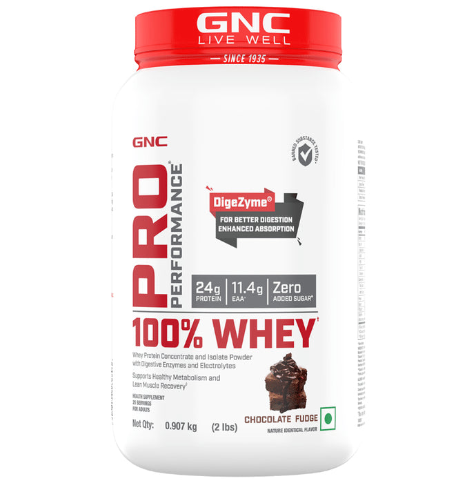 GNC Pro Performance 100% Whey Protein | With Digestive Enzymes & Electrolytes | For Metabolism & Lean Muscles Recovery | Flavour Powder Chocolate Fudge - Classic Derma