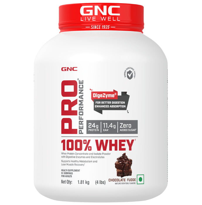 GNC Pro Performance 100% Whey Protein | With Digestive Enzymes & Electrolytes | For Metabolism & Lean Muscles Recovery | Flavour Powder Chocolate Fudge - Classic Derma
