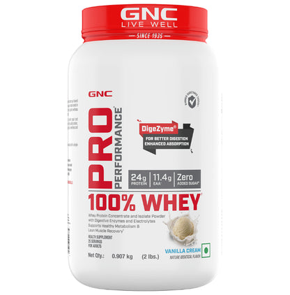 GNC Pro Performance 100% Whey Protein | With Digestive Enzymes & Electrolytes | For Metabolism & Lean Muscles Recovery | Flavour Powder Vanilla Cream - Classic Derma