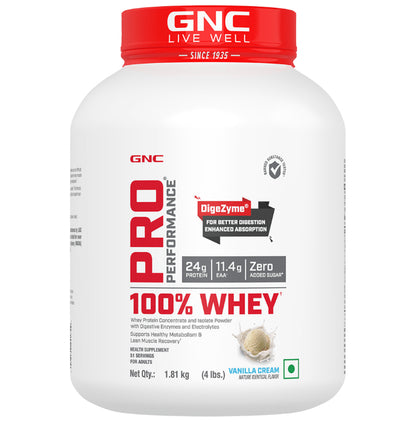 GNC Pro Performance 100% Whey Protein | With Digestive Enzymes & Electrolytes | For Metabolism & Lean Muscles Recovery | Flavour Powder Vanilla Cream - Classic Derma