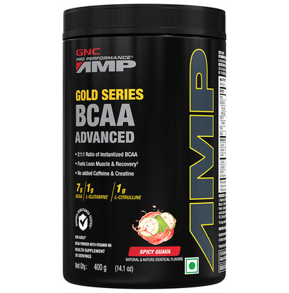 GNC Pro Performance AMP Gold Series BCAA Advanced | For Lean Muscles & Recovery | Flavour Powder Spicy Guava - Classic Derma