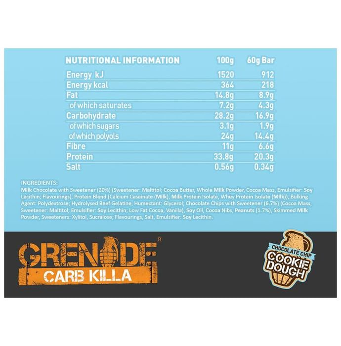 Grenade Carb Killa High Protein Bar (60gm Each) Chocolate Chip Cookie Dough