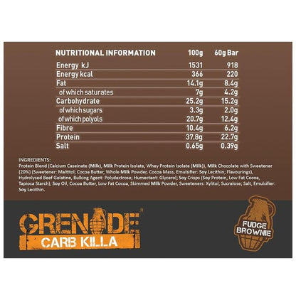 Grenade Carb Killa High Protein Bar (60gm Each) Fudge Brownie