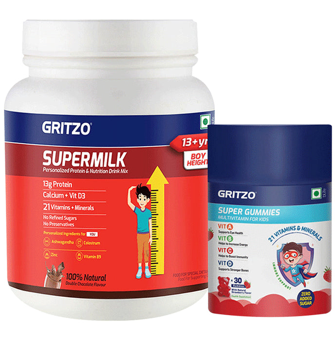 Gritzo Combo Pack of Supermilk 13+Years Boys Height+Double Chocolate Flavour (1kg) and Super Gummies Multivitamins for Kids Natural Strawberry Flavour (30) - Classic Derma