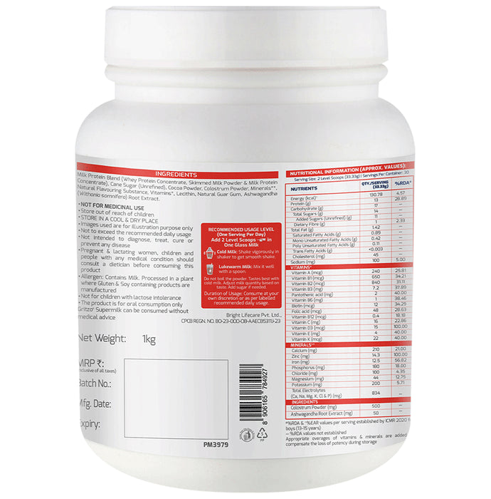 Gritzo Combo Pack of Supermilk 13+Years Boys Height+Double Chocolate Flavour (1kg) and Super Gummies Multivitamins for Kids Natural Strawberry Flavour (30)