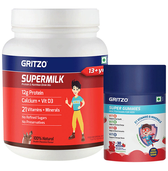 Gritzo Combo Pack of Supermilk 13+Years Double Chocolate Flavour (1kg) and Super Gummies Multivitamins for Kids Natural Strawberry Flavour (30) - Classic Derma
