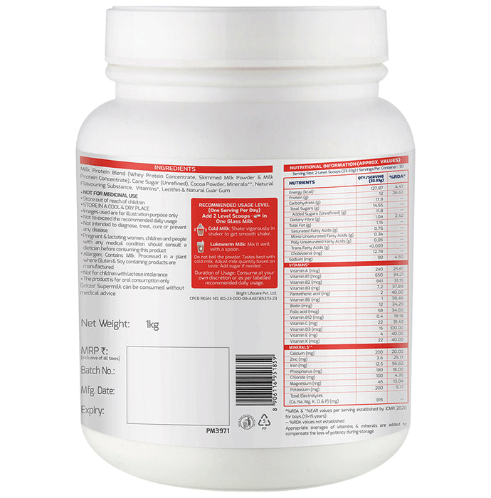 Gritzo Combo Pack of Supermilk 13+Years Double Chocolate Flavour (1kg) and Super Gummies Multivitamins for Kids Natural Strawberry Flavour (30)