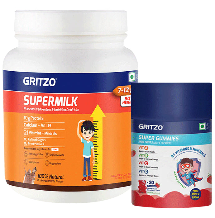 Gritzo Combo Pack of Supermilk for 7-12 Yrs Boy Height+ Double Chocolate Flavour (1kg) and Super Gummies Multivitamins for Kids Natural Strawberry Flavour (30) - Classic Derma