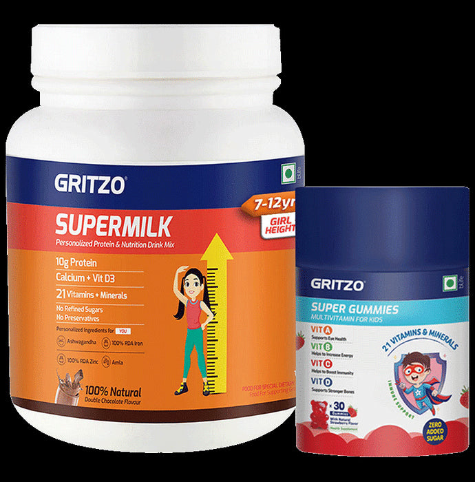 Gritzo Combo Pack of Supermilk for 7-12 Yrs Girls Height+ Double Chocolate Flavour (1kg) and Super Gummies Multivitamins for Kids Natural Strawberry Flavour (30) - Classic Derma