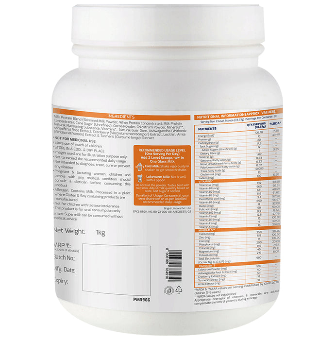 Gritzo Combo Pack of Supermilk for 7-12 Yrs Girls Height+ Double Chocolate Flavour (1kg) and Super Gummies Multivitamins for Kids Natural Strawberry Flavour (30)