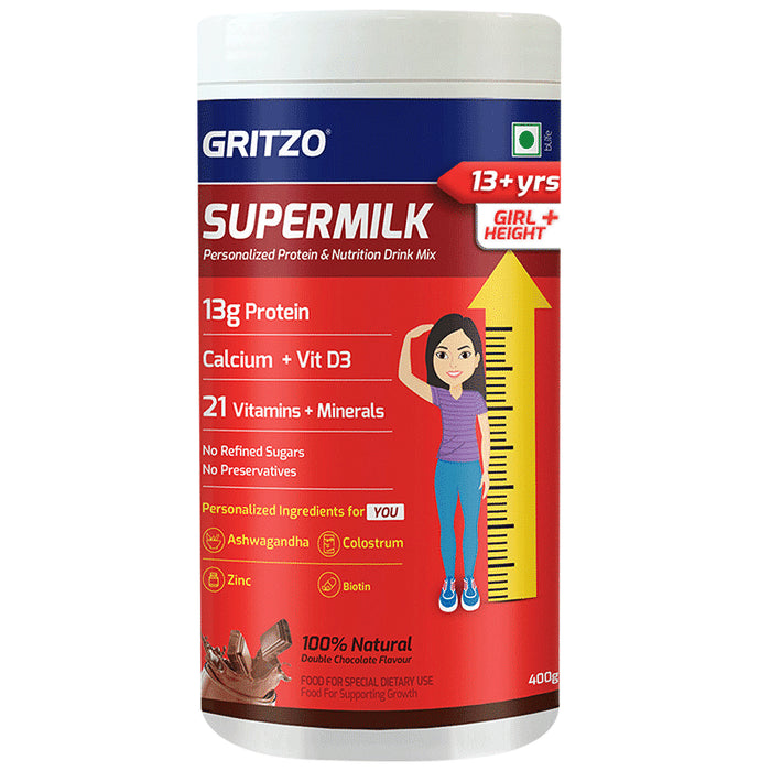 Gritzo Super Girl Milk Protein for 13+ Years Girls Height+ | With Calcium & Vitamin D3 | Flavour Double Chocolate - Classic Derma
