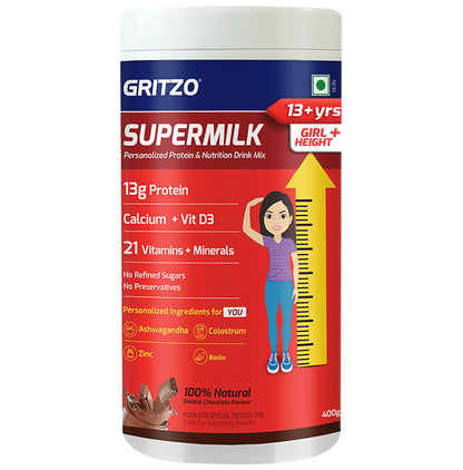 Gritzo Super Girl Milk Protein for 13+ Years Girls Height+ | With Calcium & Vitamin D3 | Flavour Double Chocolate - Classic Derma