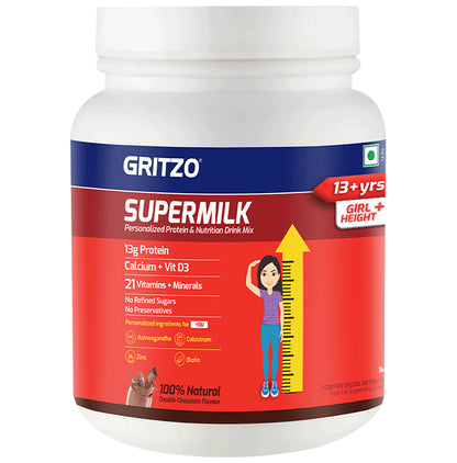 Gritzo Super Girl Milk Protein for 13+ Years Girls Height+ | With Calcium & Vitamin D3 | Flavour Double Chocolate - Classic Derma