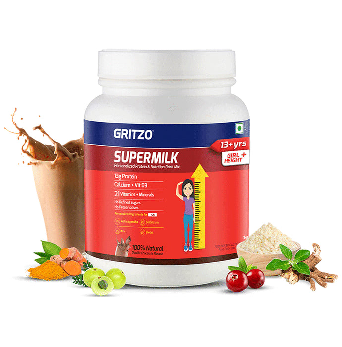 Gritzo Super Girl Milk Protein for 13+ Years Girls Height+ | With Calcium & Vitamin D3 | Flavour Double Chocolate