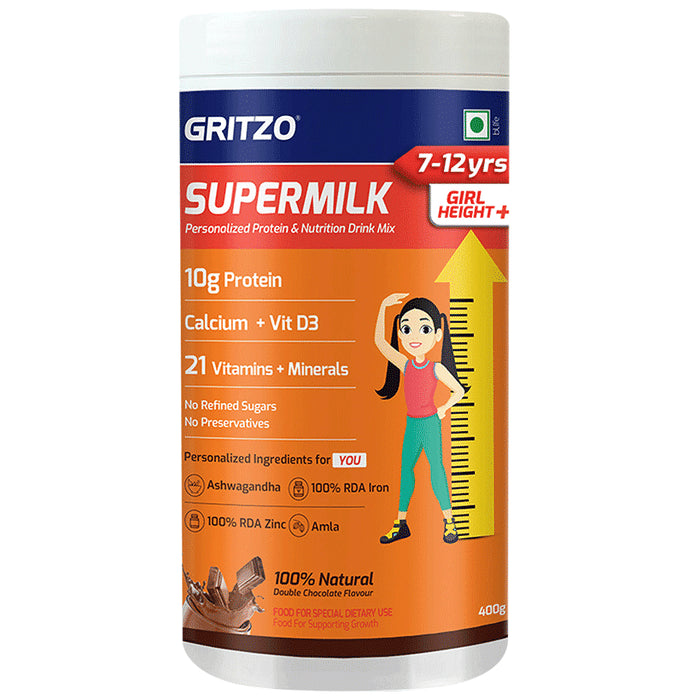 Gritzo Super Girl Milk Protein Height+ for 7 to 12 Years Girl Height+ | With Calcium & Vitamin D3 | Flavour Double Chocolate - Classic Derma