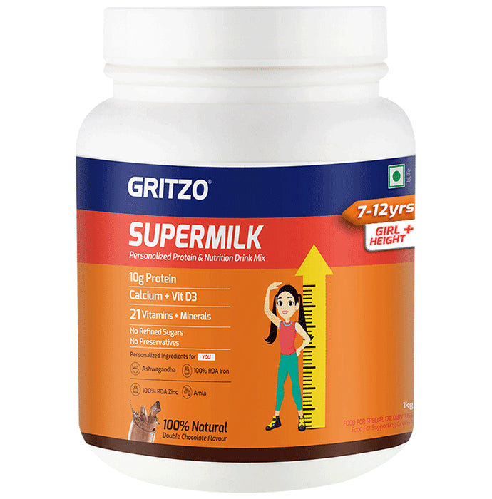 Gritzo Super Girl Milk Protein Height+ for 7 to 12 Years Girl Height+ | With Calcium & Vitamin D3 | Flavour Double Chocolate - Classic Derma
