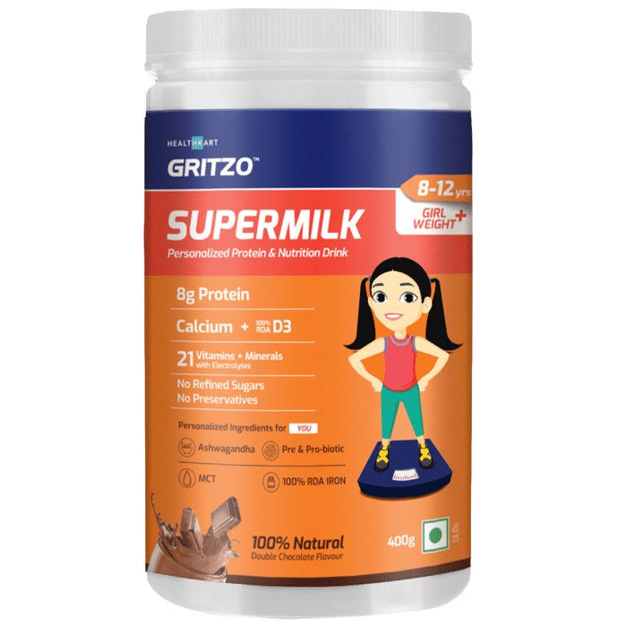 Gritzo Super Girl Milk Protein Weight+ for 8-12 Years | With Calcium & Vitamin D3 | Flavour Double Chocolate - Classic Derma
