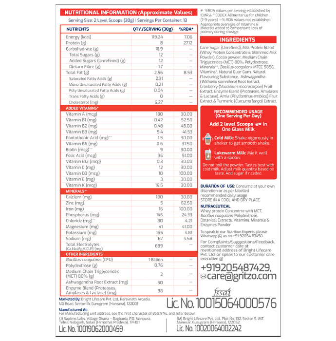 Gritzo Super Girl Milk Protein Weight+ for 8-12 Years | With Calcium & Vitamin D3 | Flavour Double Chocolate