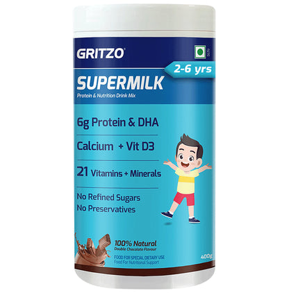 Gritzo SuperMilk for Active Kids, Protein Powder for Kids, High Protein (6 g), DHA, Calcium + D3, 21 Nutrients, No Refined Sugar, 100% Natural Double Chocolate Flavour 2-6 Yrs - Classic Derma