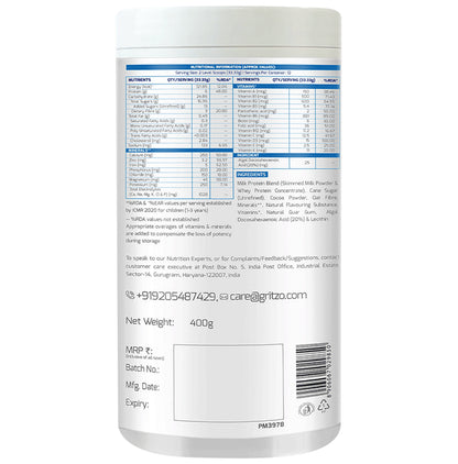 Gritzo SuperMilk for Active Kids, Protein Powder for Kids, High Protein (6 g), DHA, Calcium + D3, 21 Nutrients, No Refined Sugar, 100% Natural Double Chocolate Flavour 2-6 Yrs