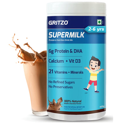 Gritzo SuperMilk for Active Kids, Protein Powder for Kids, High Protein (6 g), DHA, Calcium + D3, 21 Nutrients, No Refined Sugar, 100% Natural Double Chocolate Flavour 2-6 Yrs