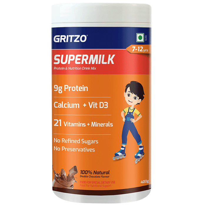 Gritzo SuperMilk for Active Kids, Protein Powder for Kids, High Protein (6 g), DHA, Calcium + D3, 21 Nutrients, No Refined Sugar, 100% Natural Double Chocolate Flavour 7-12 Yrs - Classic Derma