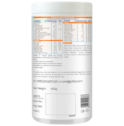 Gritzo SuperMilk for Active Kids, Protein Powder for Kids, High Protein (6 g), DHA, Calcium + D3, 21 Nutrients, No Refined Sugar, 100% Natural Double Chocolate Flavour 7-12 Yrs