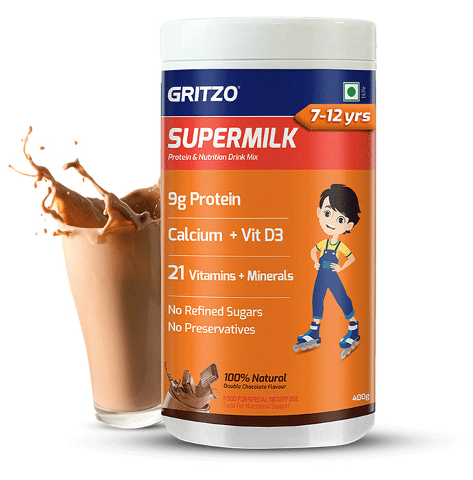 Gritzo SuperMilk for Active Kids, Protein Powder for Kids, High Protein (6 g), DHA, Calcium + D3, 21 Nutrients, No Refined Sugar, 100% Natural Double Chocolate Flavour 7-12 Yrs