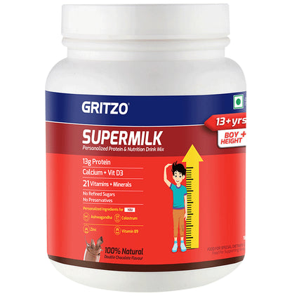 Gritzo SuperMilk Protein Boy Height+ for 13+ Years with Calcium & Vitamin D3 Double Chocolate - Classic Derma