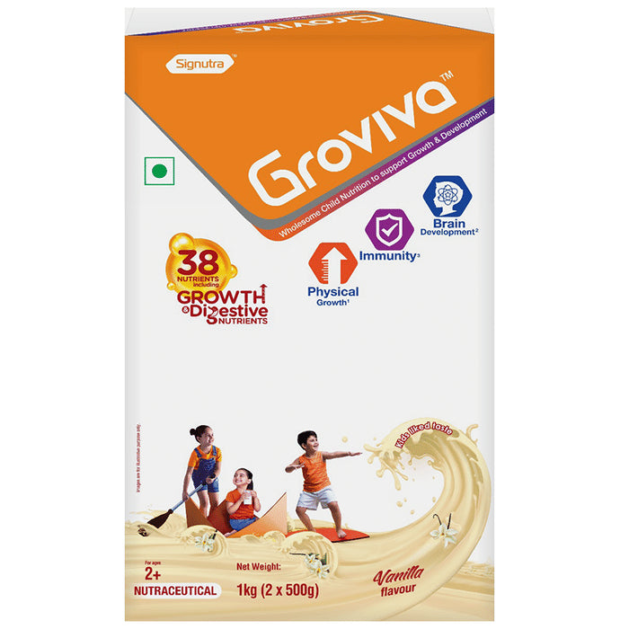 Groviva Child Nutrition for Physical Growth, Brain Development & Immunity | Flavour Vanilla Powder - Classic Derma