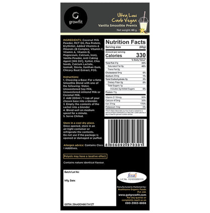 Growfit Ultra Low Carb Vegan Smoothie Premix (60gm Each) Vanilla