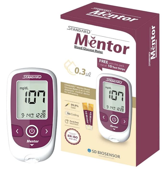 Standard Mentor Blood Glucose Meter Glucometer with 10 Free Test Strips - Classic Derma