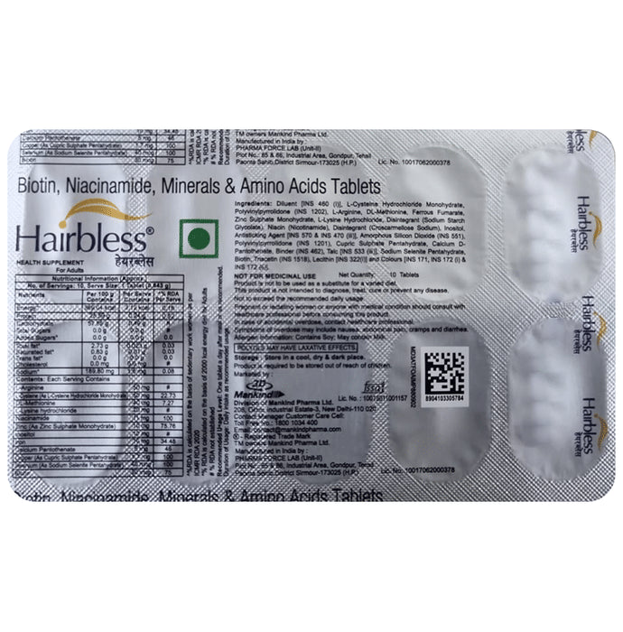 Hairbless Tablet with Vitamins- Biotin & Niacin, Minerals & Amino Acids