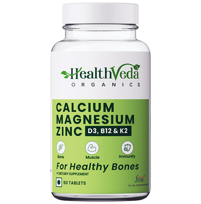 Health Veda Organics Calcium Magnesium Zinc | With Vitamin D3 & B12 | Veg Tablet for Bones, Nerves & Muscles Tablet - Classic Derma