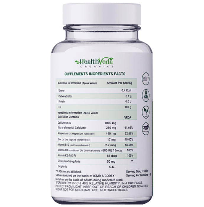 Health Veda Organics Calcium Magnesium Zinc | With Vitamin D3 & B12 | Veg Tablet for Bones, Nerves & Muscles Tablet