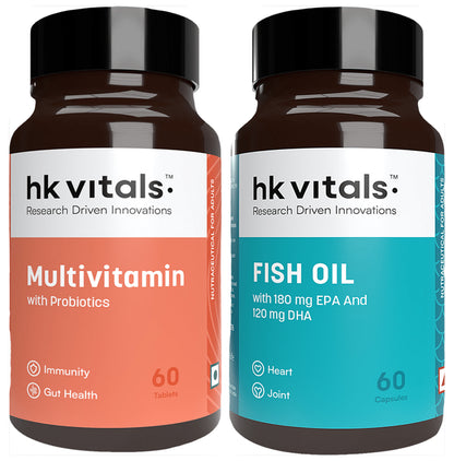 Healthkart Combo Pack of HK Vitals Multivitamin with Probiotics Tablet & Fish Oil 1000mg Soft Gelation Capsule (60 Each) - Classic Derma