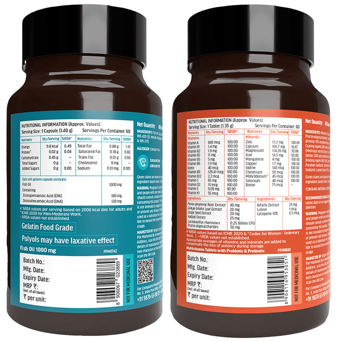 Healthkart Combo Pack of HK Vitals Multivitamin with Probiotics Tablet & Fish Oil 1000mg Soft Gelation Capsule (60 Each)