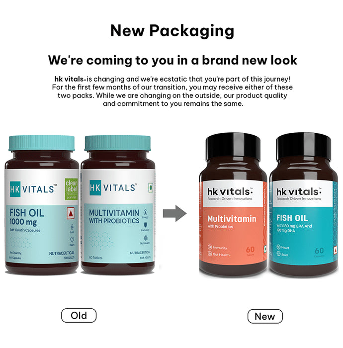 Healthkart Combo Pack of HK Vitals Multivitamin with Probiotics Tablet & Fish Oil 1000mg Soft Gelation Capsule (60 Each)