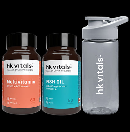 Healthkart Combo Pack of Multivitamin Film Coated Tablet & Fish Oil 1000mg Soft Gelatin Capsule (60 Each) with Sipper - Classic Derma