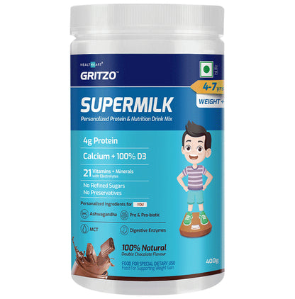 Healthkart Gritzo SuperMilk Personalized Protein & Nutritional Drink Weight+ for 4 to 7 Yrs Kids Double Chocolate - Classic Derma