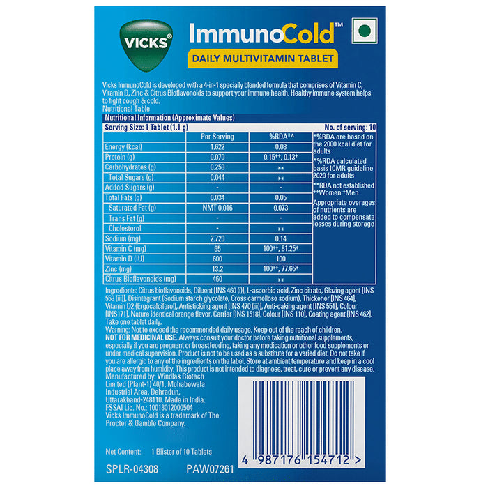 Vicks ImmunoCold Daily Multivitamin with Zinc for Immunity | Fights Cough & Cold | Tablet