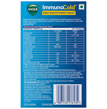Vicks ImmunoCold Daily Multivitamin with Zinc for Immunity | Fights Cough & Cold | Tablet