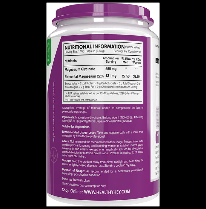 HealthyHey Nutrition Magnesium Glycinate 550mg | Veg Capsule for Muscles, Nerves & Sleep Support