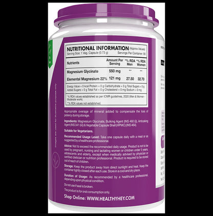 HealthyHey Nutrition Magnesium Glycinate 550mg | Veg Capsule for Muscles, Nerves & Sleep Support