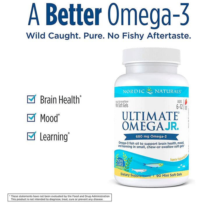 Nordic Naturals 6 to 12 Yrs Ultimate Omega 3 680mg Junior Mini Soft Gel Supports Brain Health and Mood Strawberry