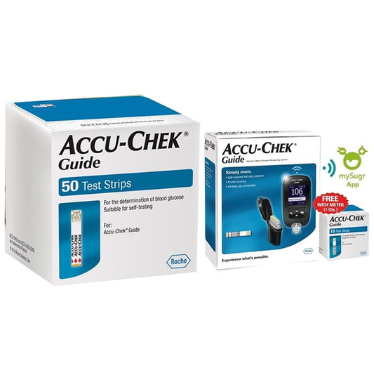 Accu-Chek Guide Combo of Blood Glucose Monitoring System with 10 Test Strips Free and 50 Test Strips - Classic Derma