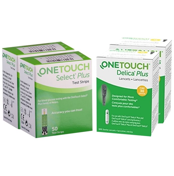 Combo of 2 Pack of OneTouch Select Plus Test Strip (50 Each) & 2 Pack of OneTouch Delica Plus Lancet (25 Each) - Classic Derma